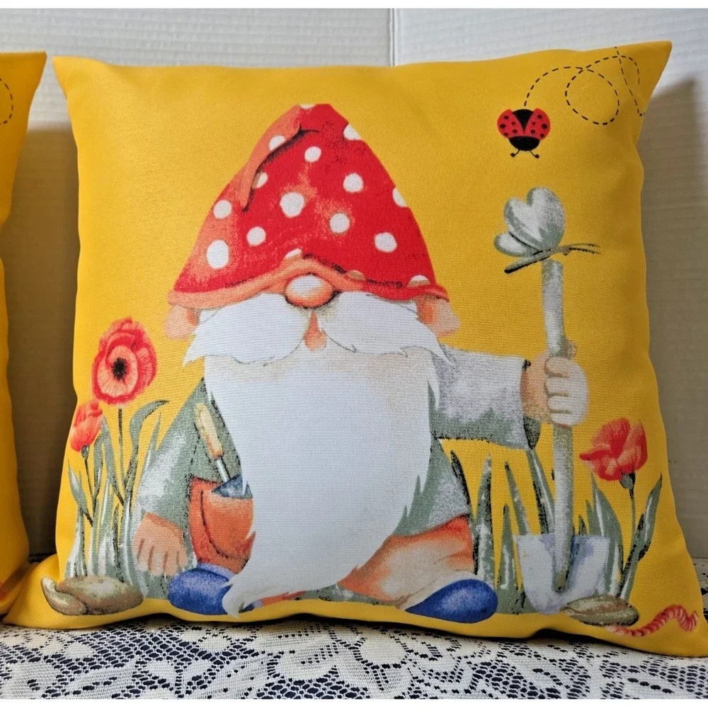 2 Throw Pillows Yellow Gnome Theme Indoor/Outdoor 16
